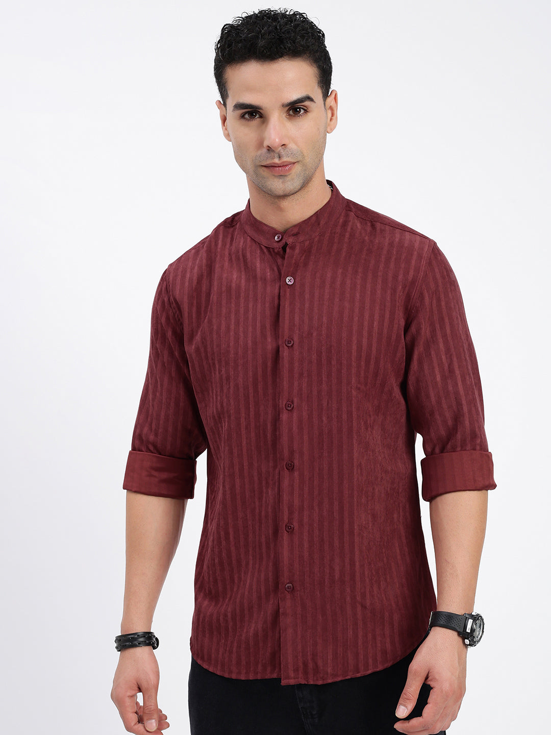 Men Striped Maroon Slim Fit Shirt