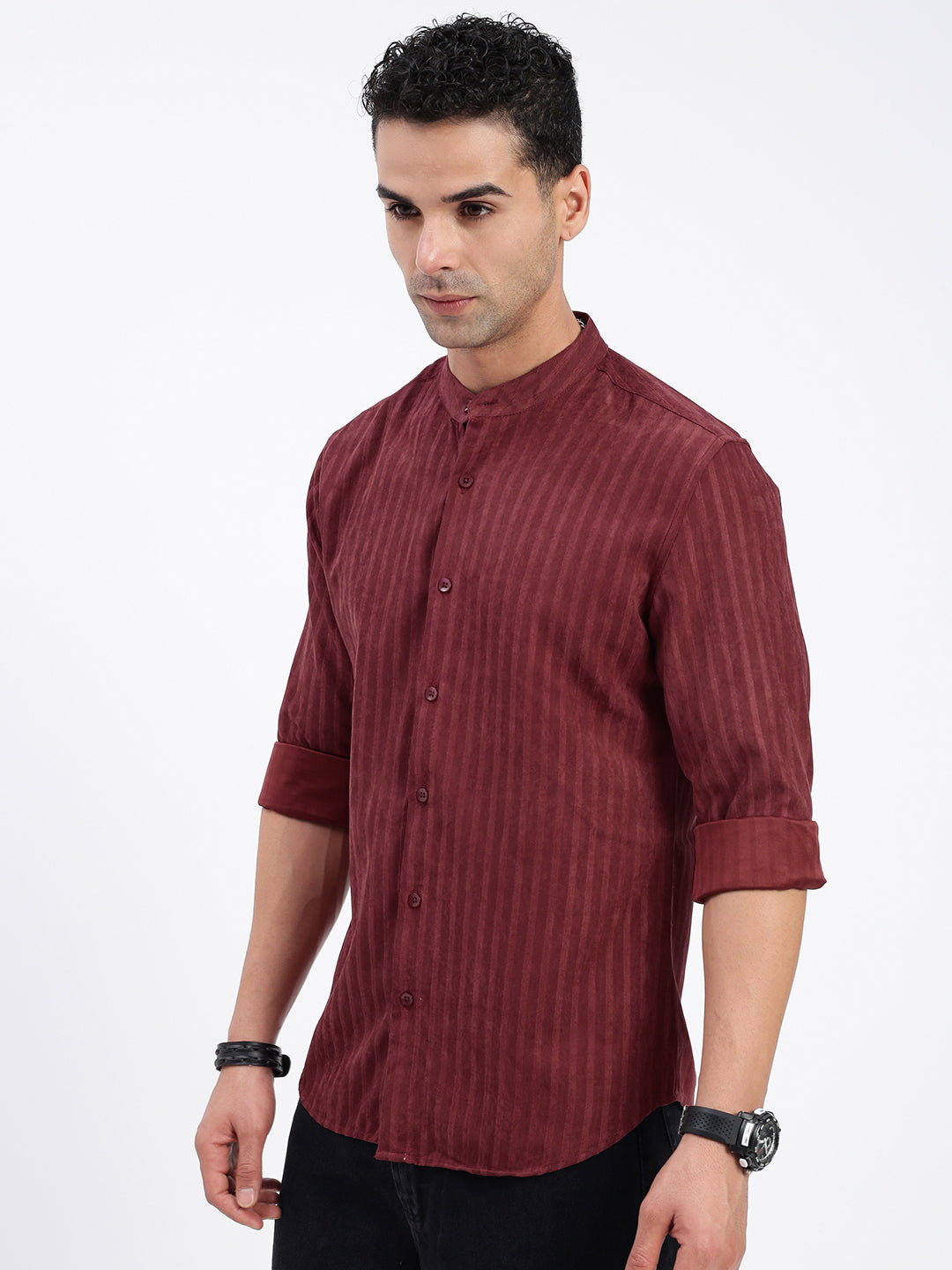 Men Striped Maroon Slim Fit Shirt