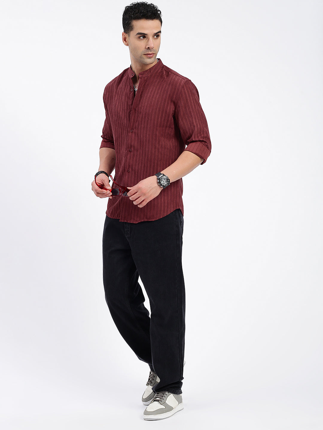 Men Striped Maroon Slim Fit Shirt