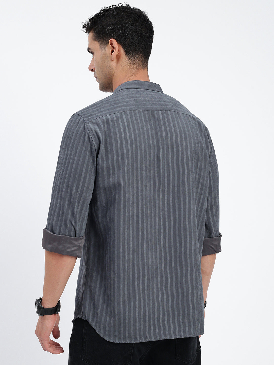 Men Striped Grey Slim Fit Shirt