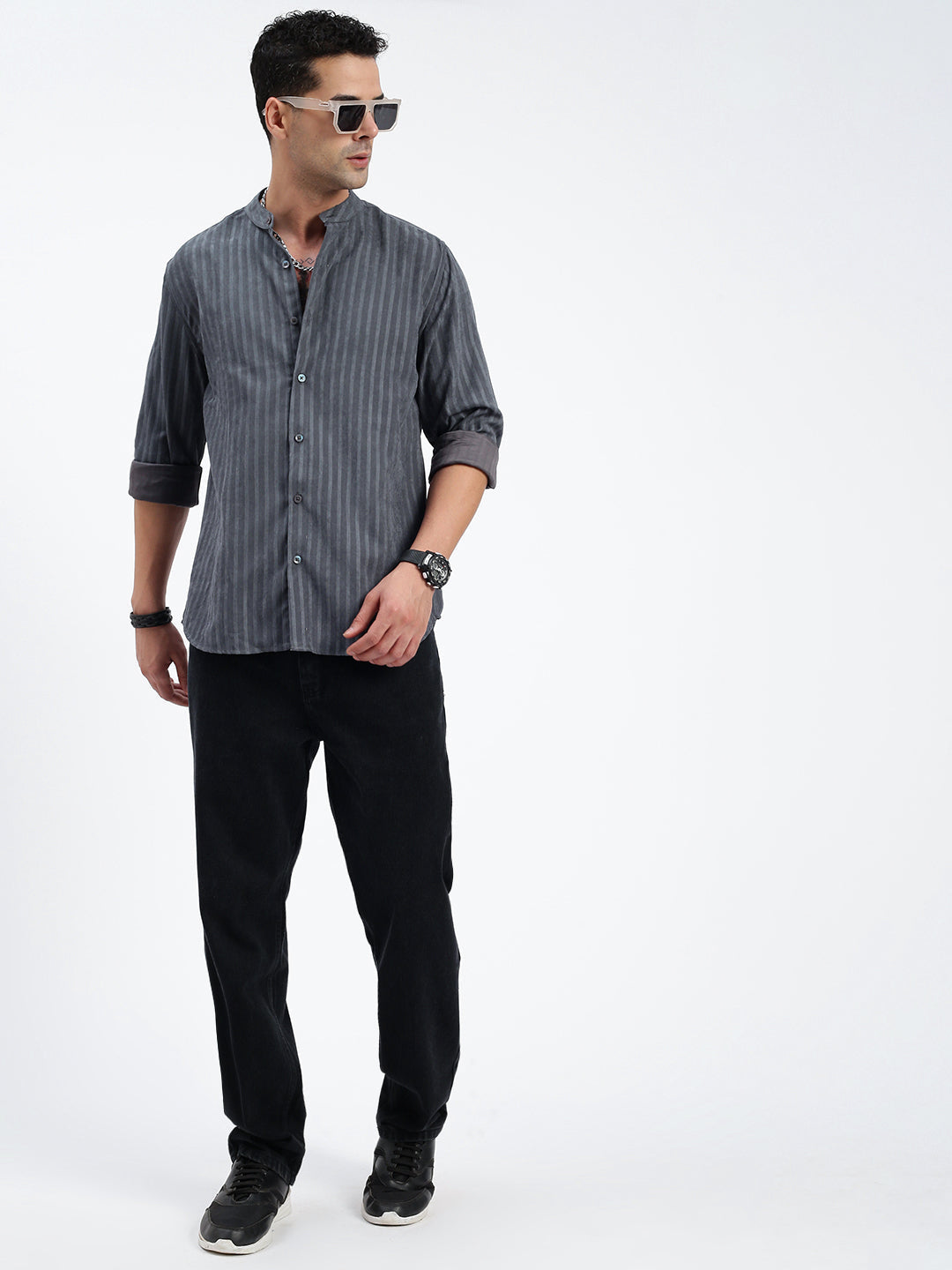 Men Striped Grey Slim Fit Shirt