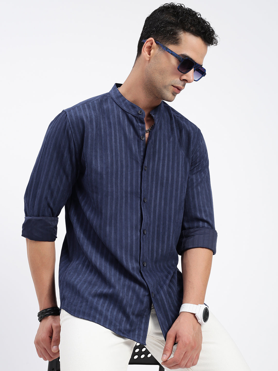 Men Striped Navy Blue Slim Fit Shirt