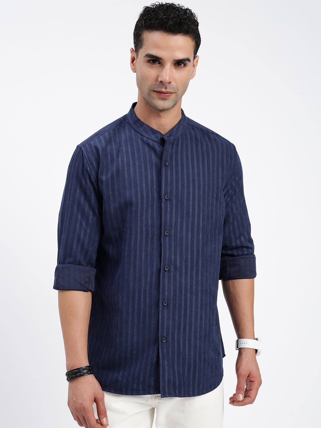 Men Striped Navy Blue Slim Fit Shirt