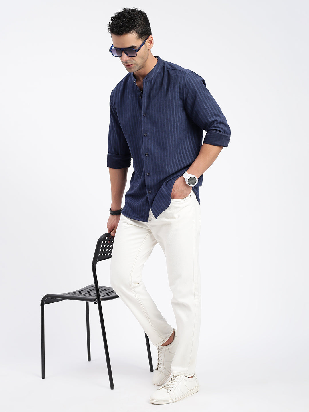 Men Striped Navy Blue Slim Fit Shirt