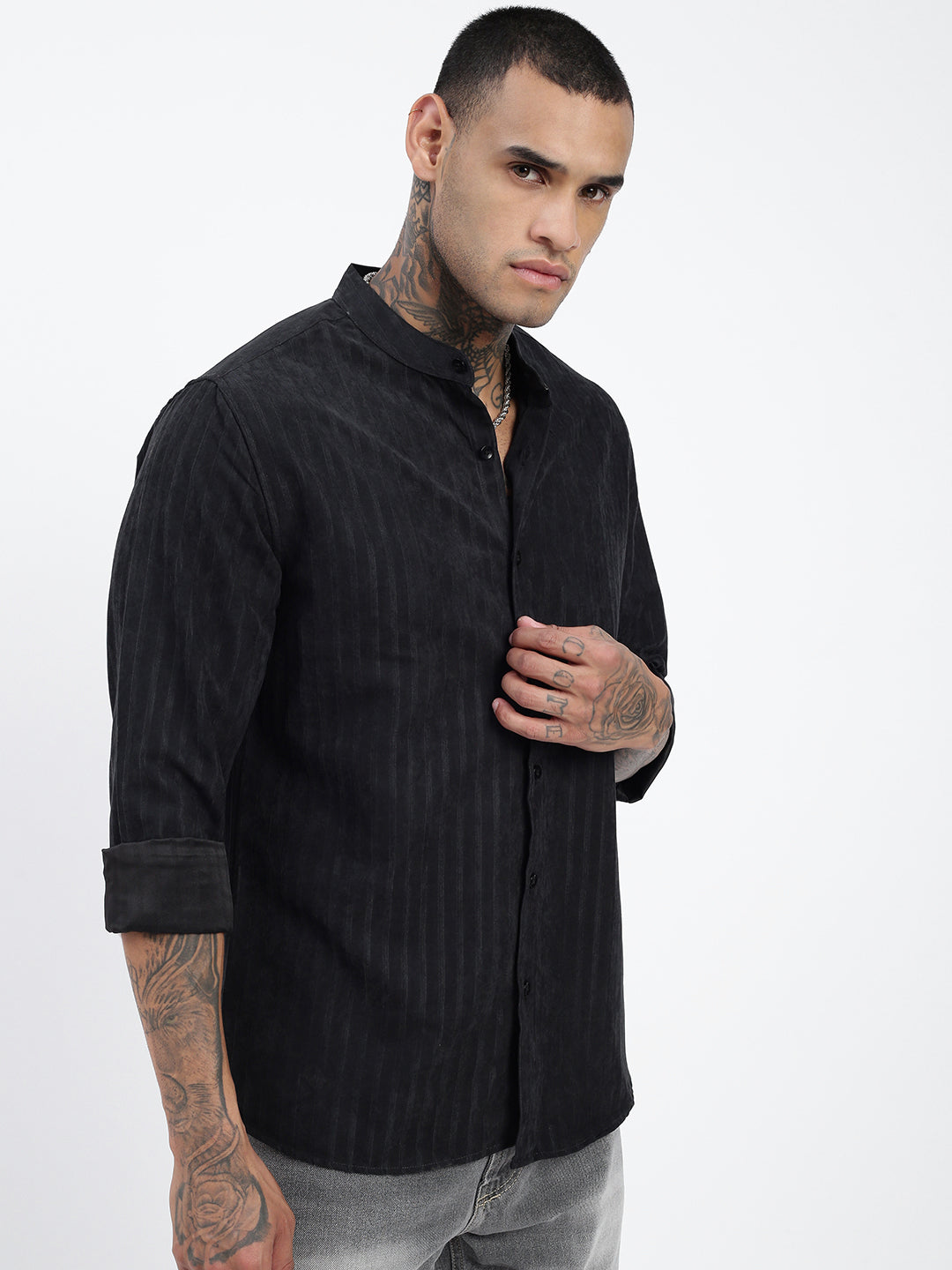 Men Striped Black Slim Fit Shirt