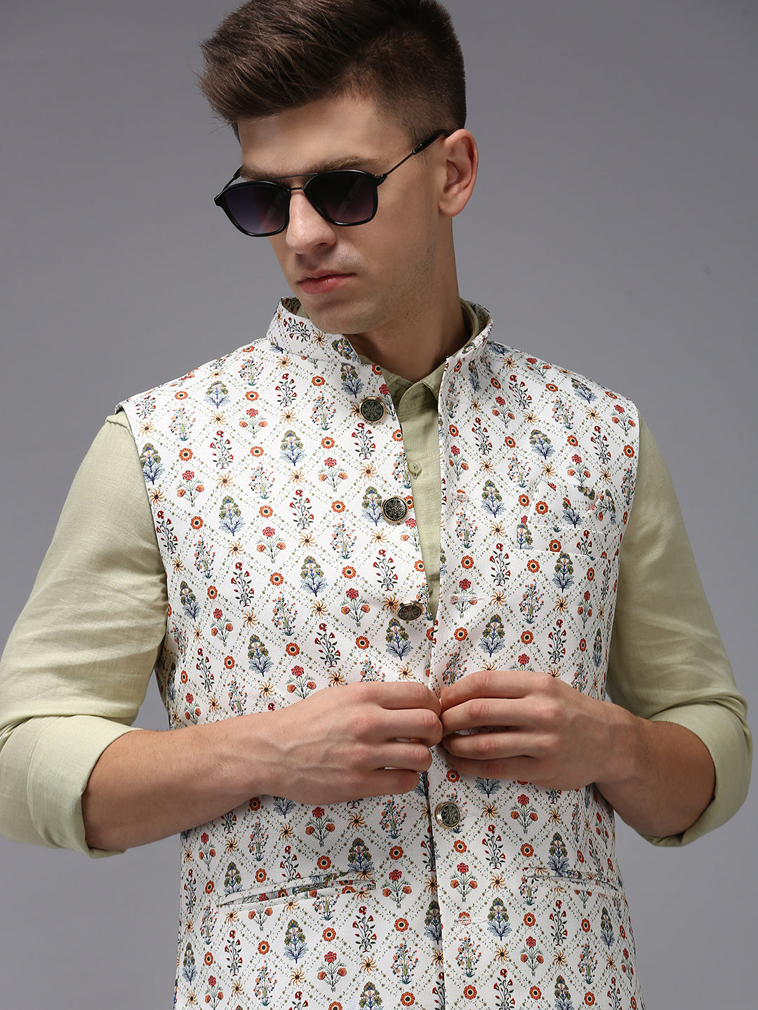 Men Mandarin Collar Printed Cream Nehru Jacket
