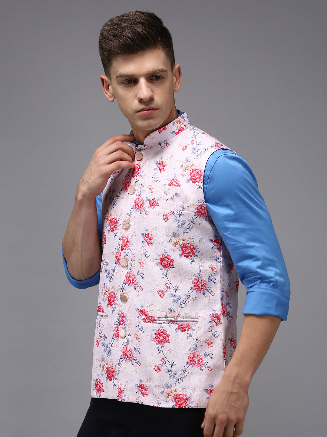 Men Mandarin Collar Printed Pink Nehru Jacket