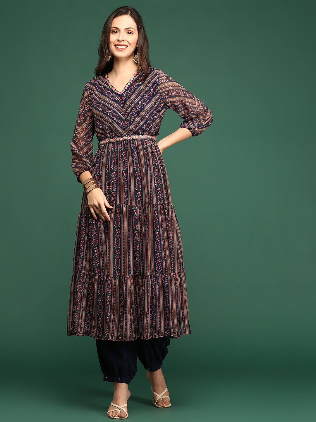 Women's Navy Blue Floral Anarkali Kurta