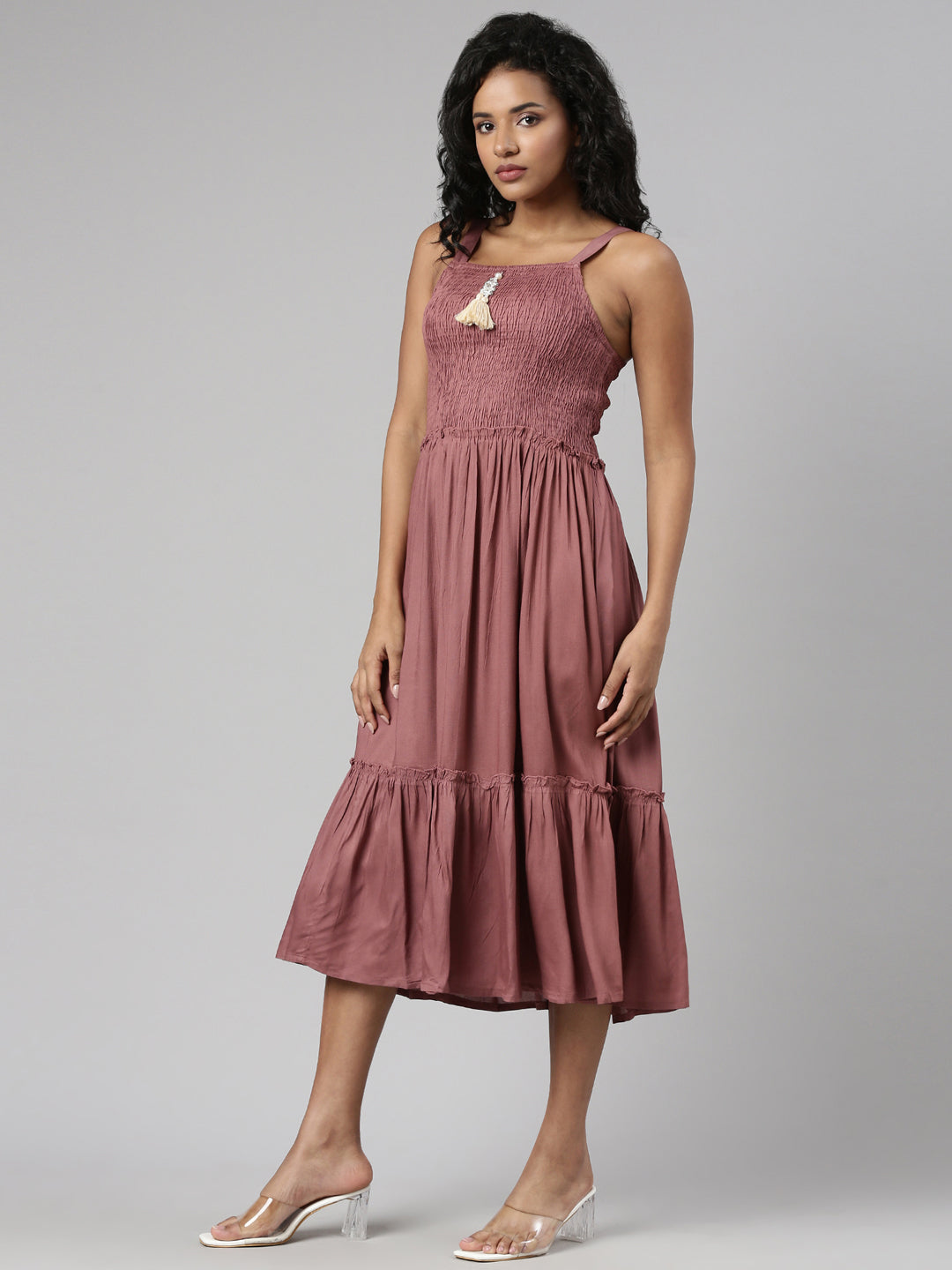 Women Copper Solid Fit and Flare Dress