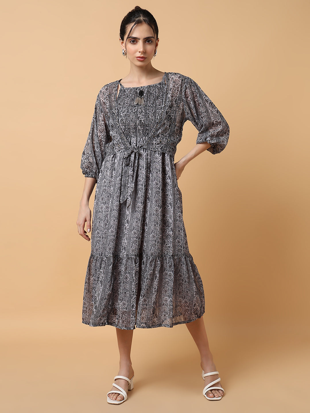 Women Grey Floral Fit and Flare Dress