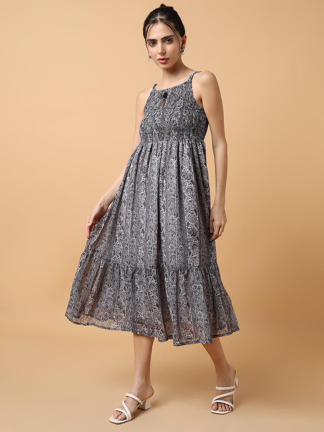 Women Grey Floral Fit and Flare Dress