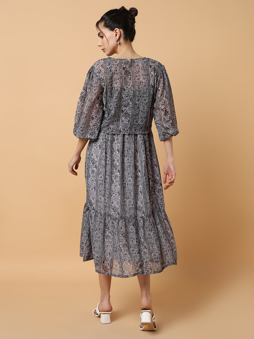 Women Grey Floral Fit and Flare Dress