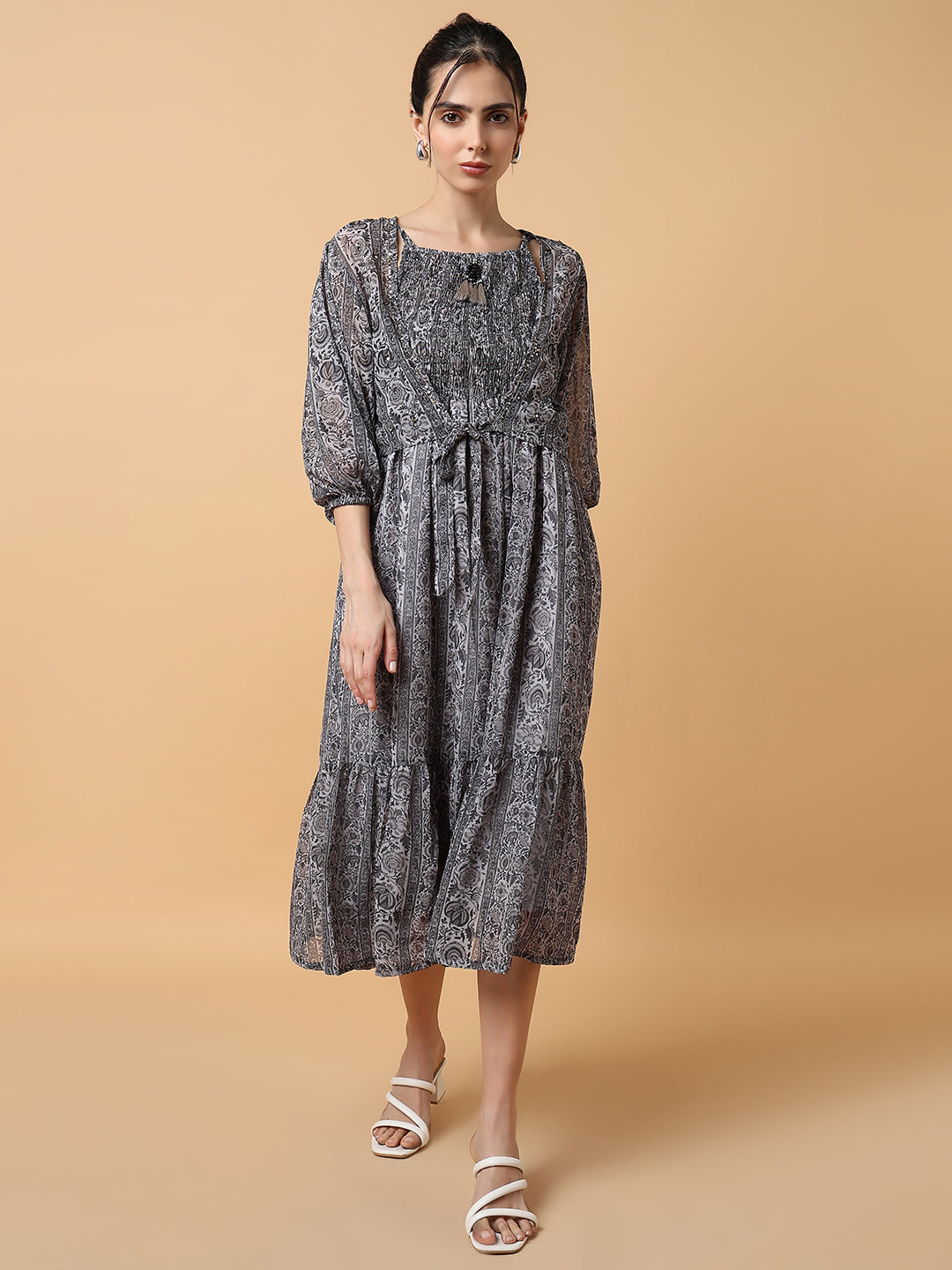 Women Grey Floral Fit and Flare Dress