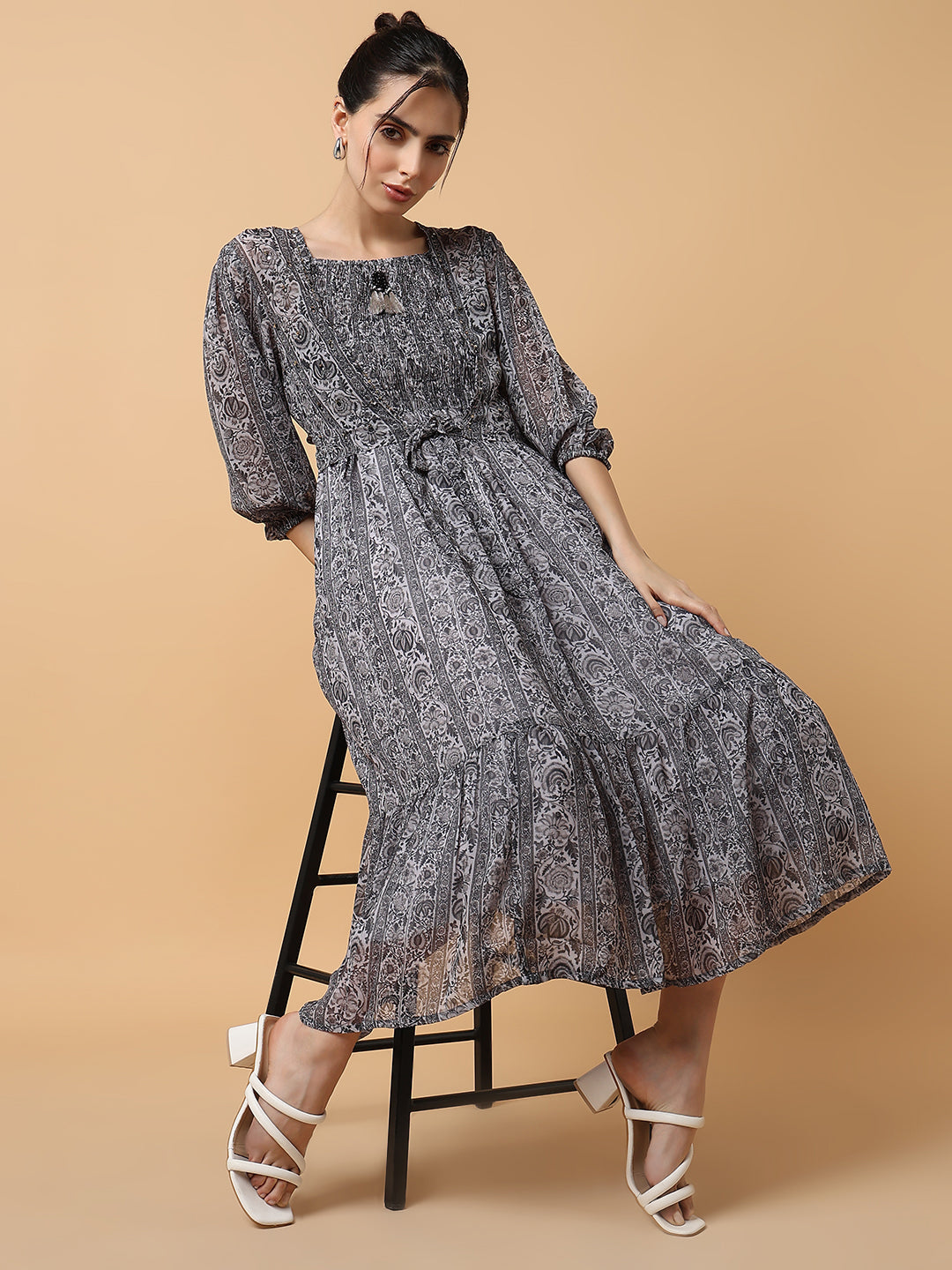 Women Grey Floral Fit and Flare Dress