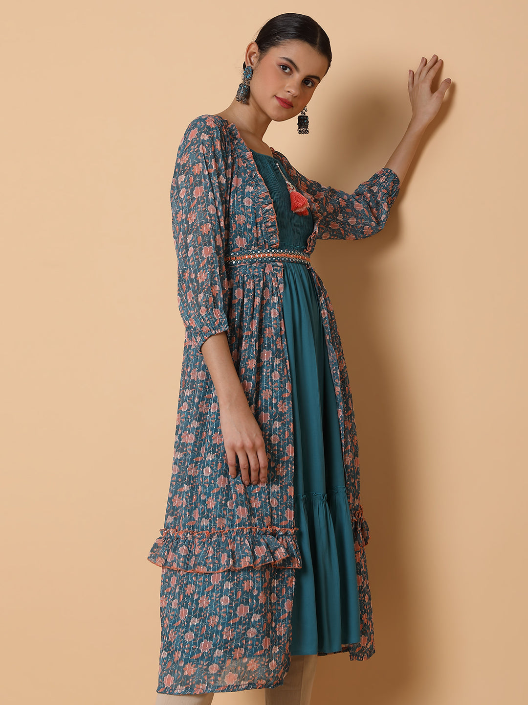 Women Straight Turquoise Blue Solid Kurta with Shrug