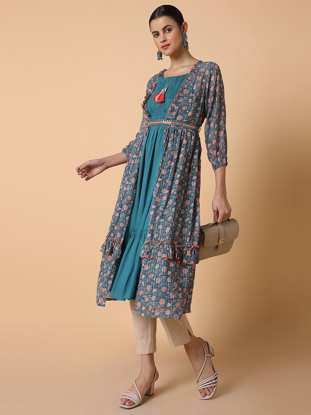 Women Straight Turquoise Blue Solid Kurta with Shrug