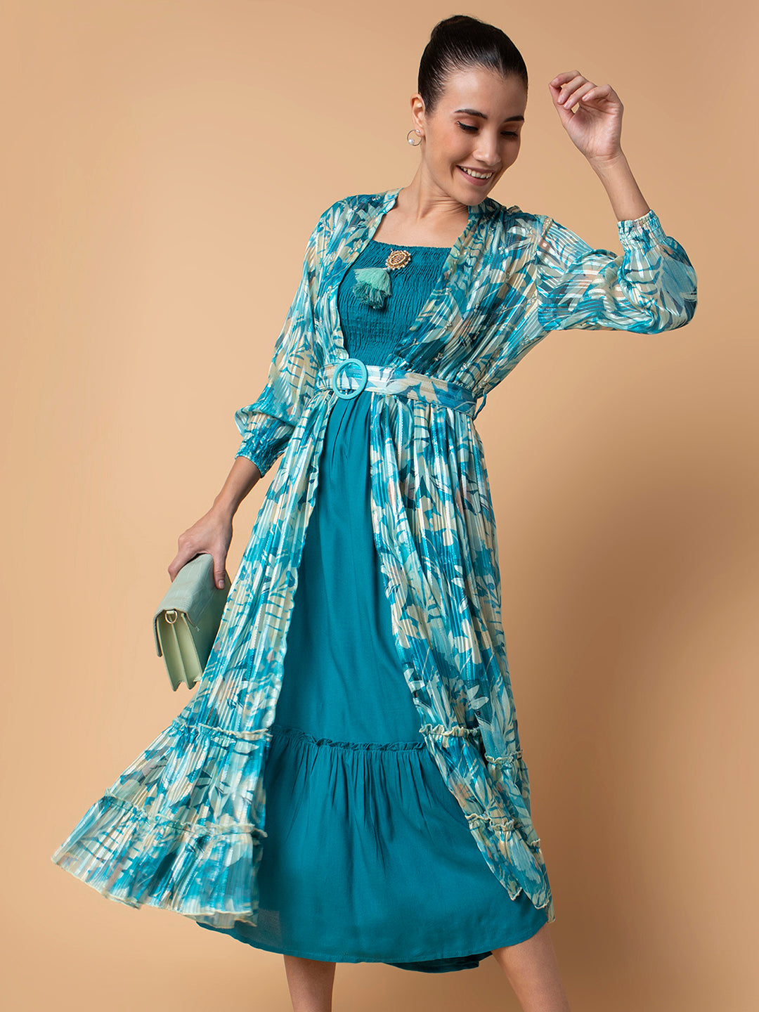Women Solid Turquoise Blue Midi Fit and Flare Dress with Shrug and Belt