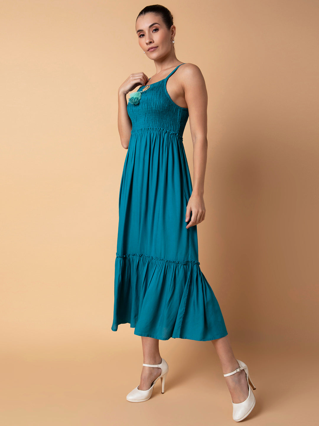 Women Solid Turquoise Blue Midi Fit and Flare Dress with Shrug and Belt