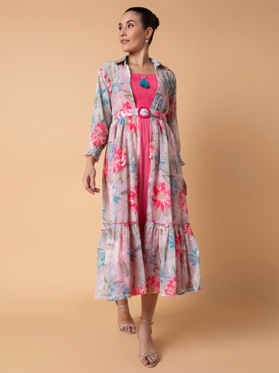 Women Solid Pink Midi Fit and Flare Dress with Shrug and Belt