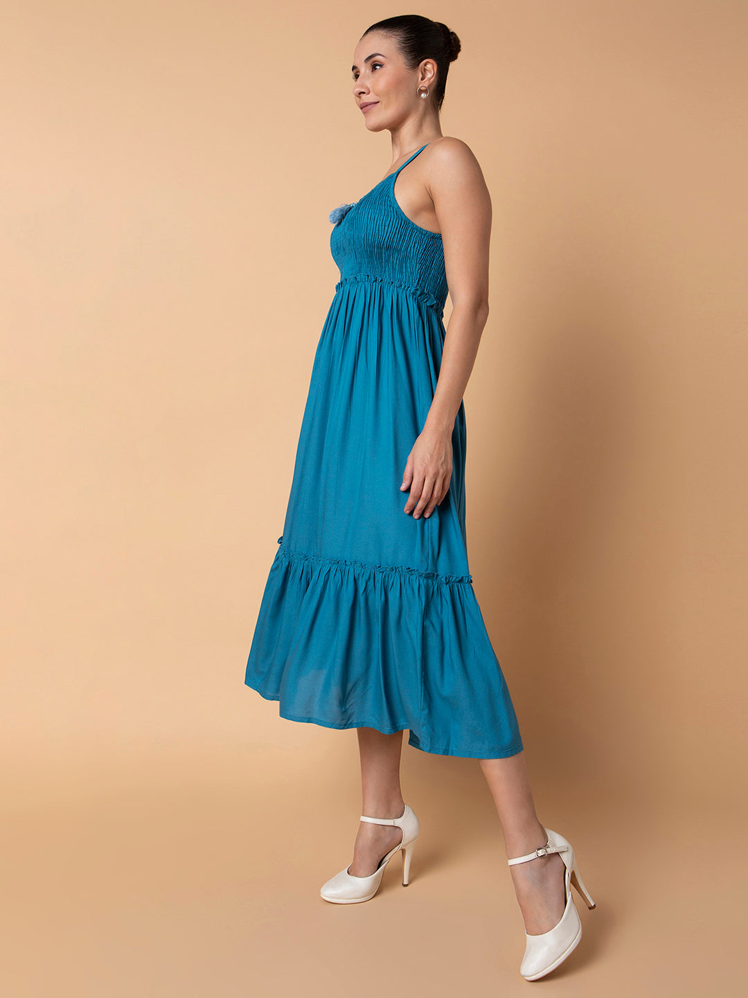 Women Solid Blue Midi Fit and Flare Dress with Shrug and Belt