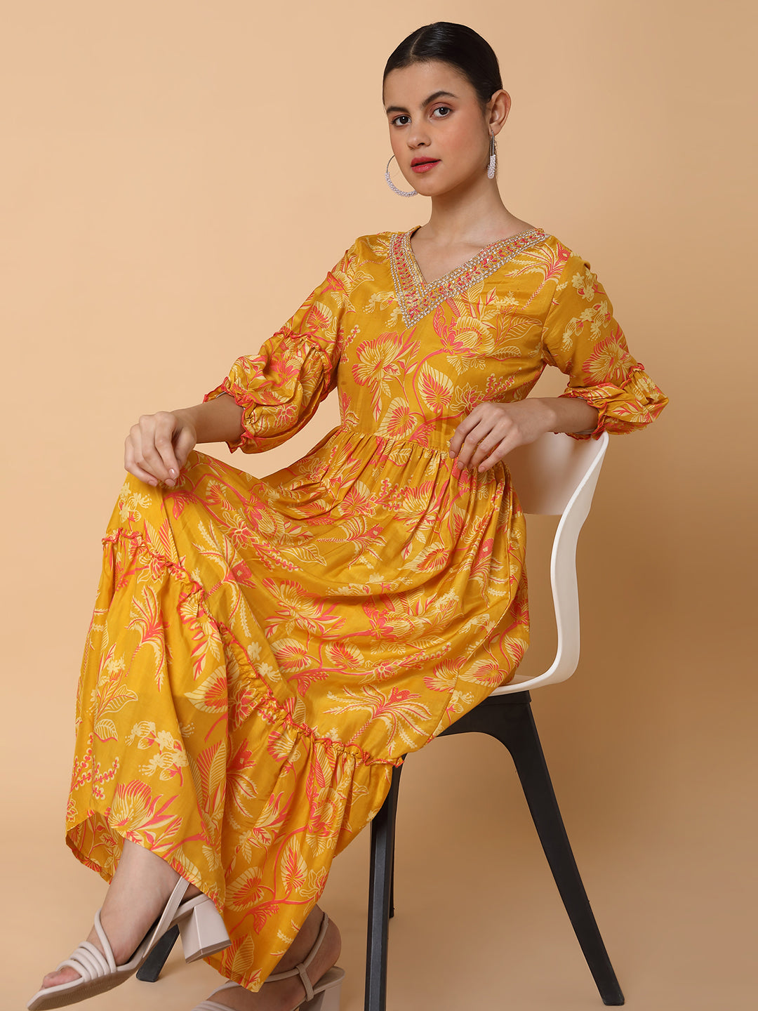 Women Floral Mustard Anarkali Kurta