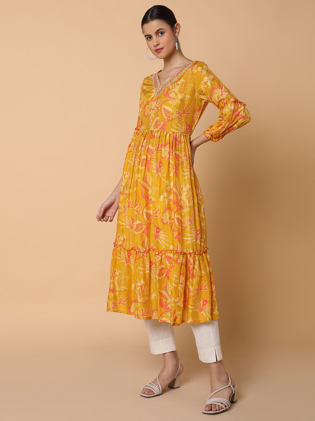 Women Floral Mustard Anarkali Kurta