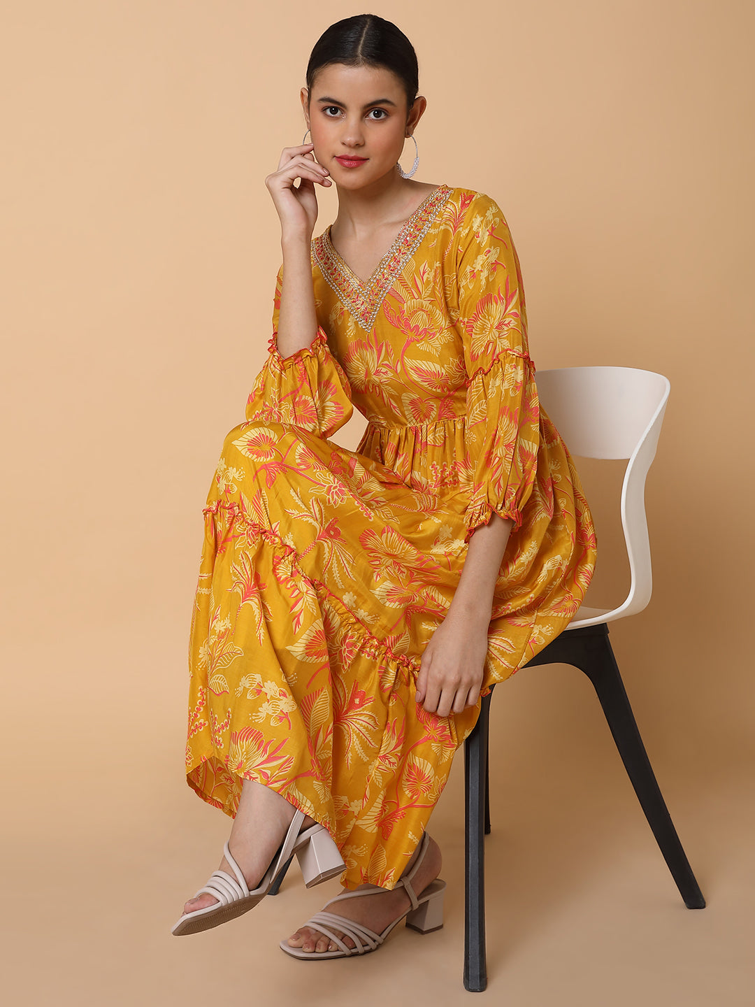 Women Floral Mustard Anarkali Kurta