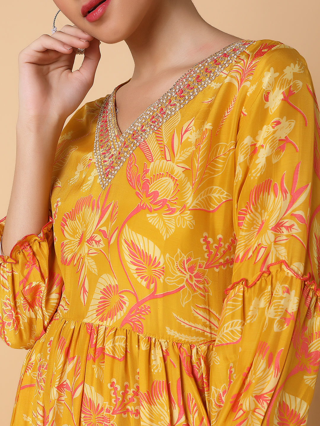 Women Floral Mustard Anarkali Kurta