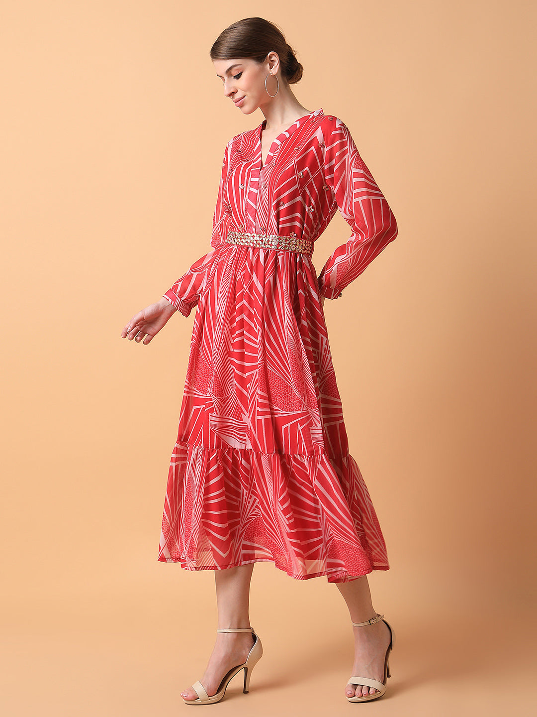 Women Abstract Pink Midi Empire Dress with Belt