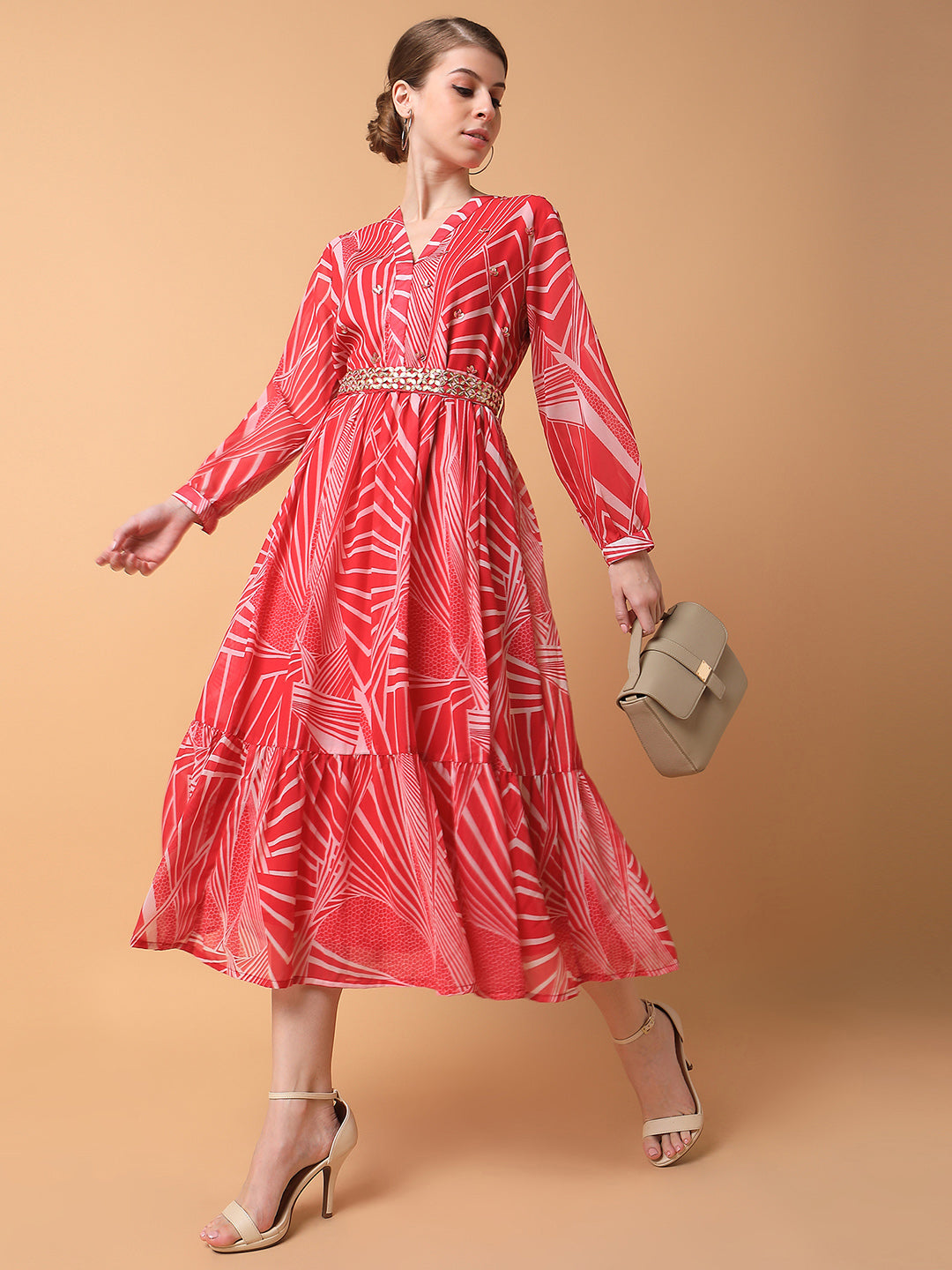 Women Abstract Pink Midi Empire Dress with Belt