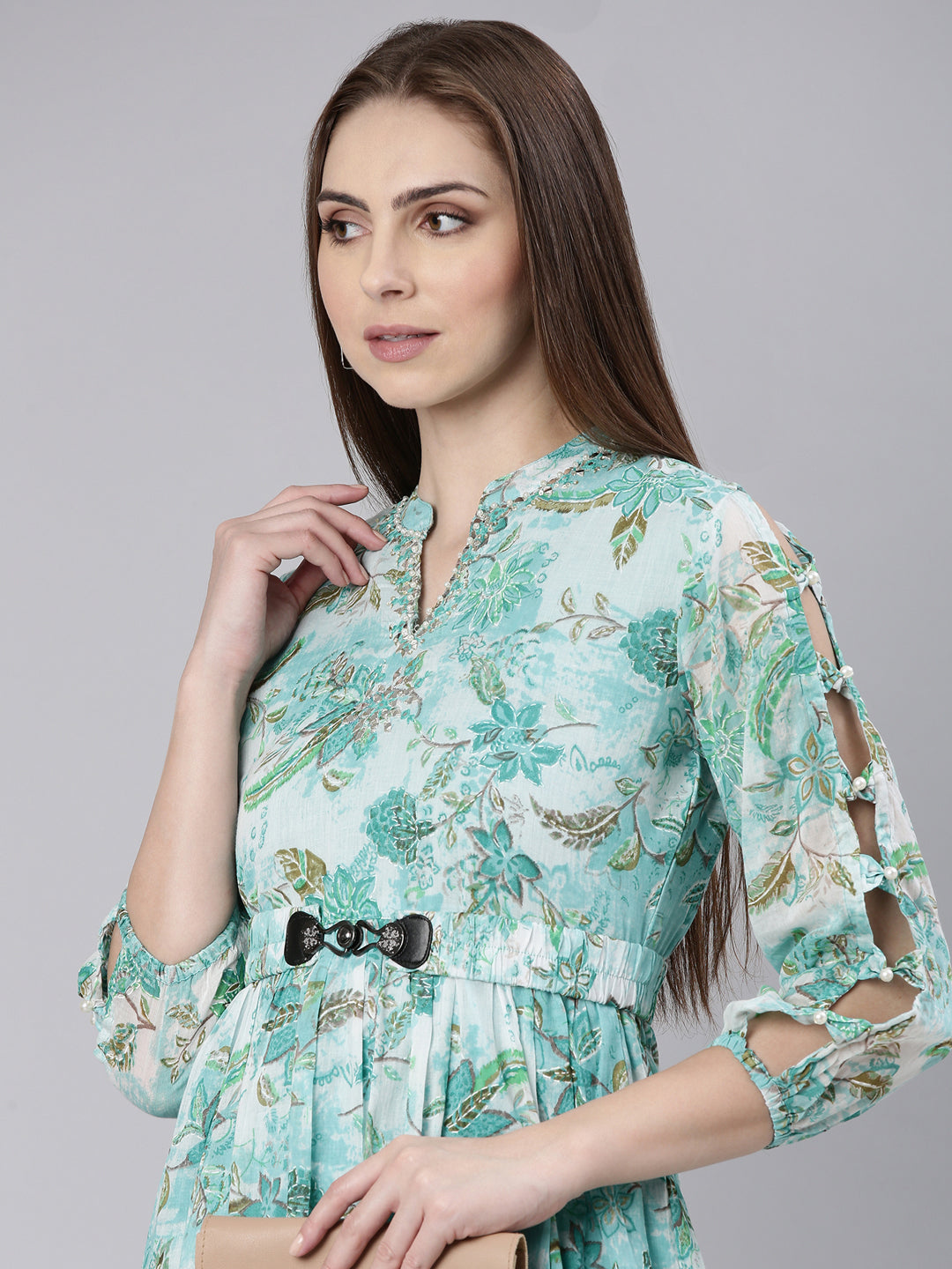Women Turquoise Blue Floral Fit and Flare Dress