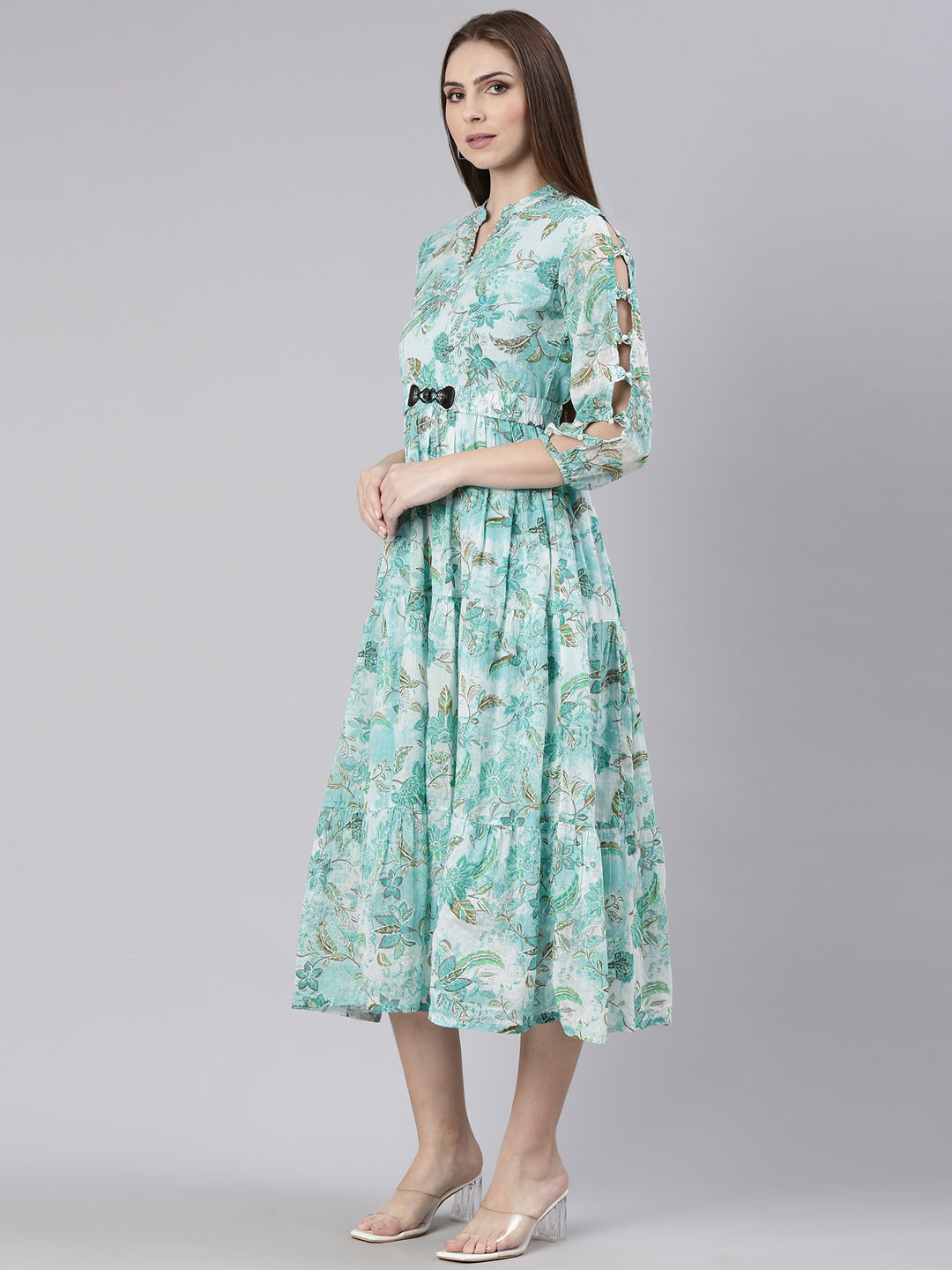Women Turquoise Blue Floral Fit and Flare Dress