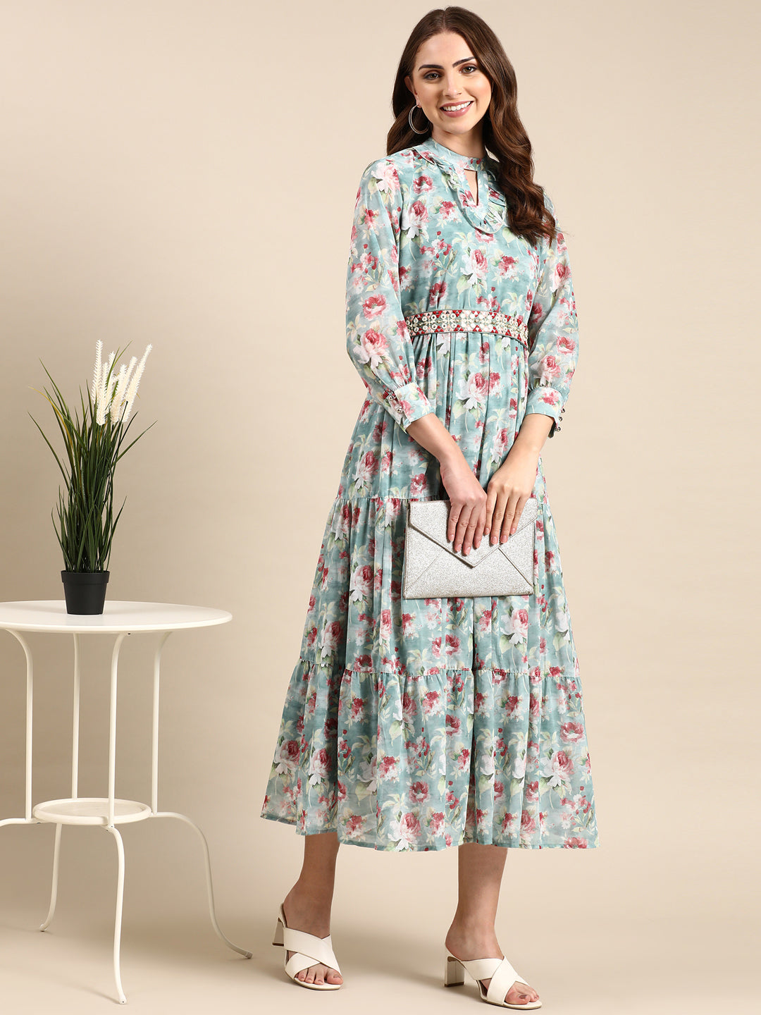 Women Printed Anarkali Sea Green Dress