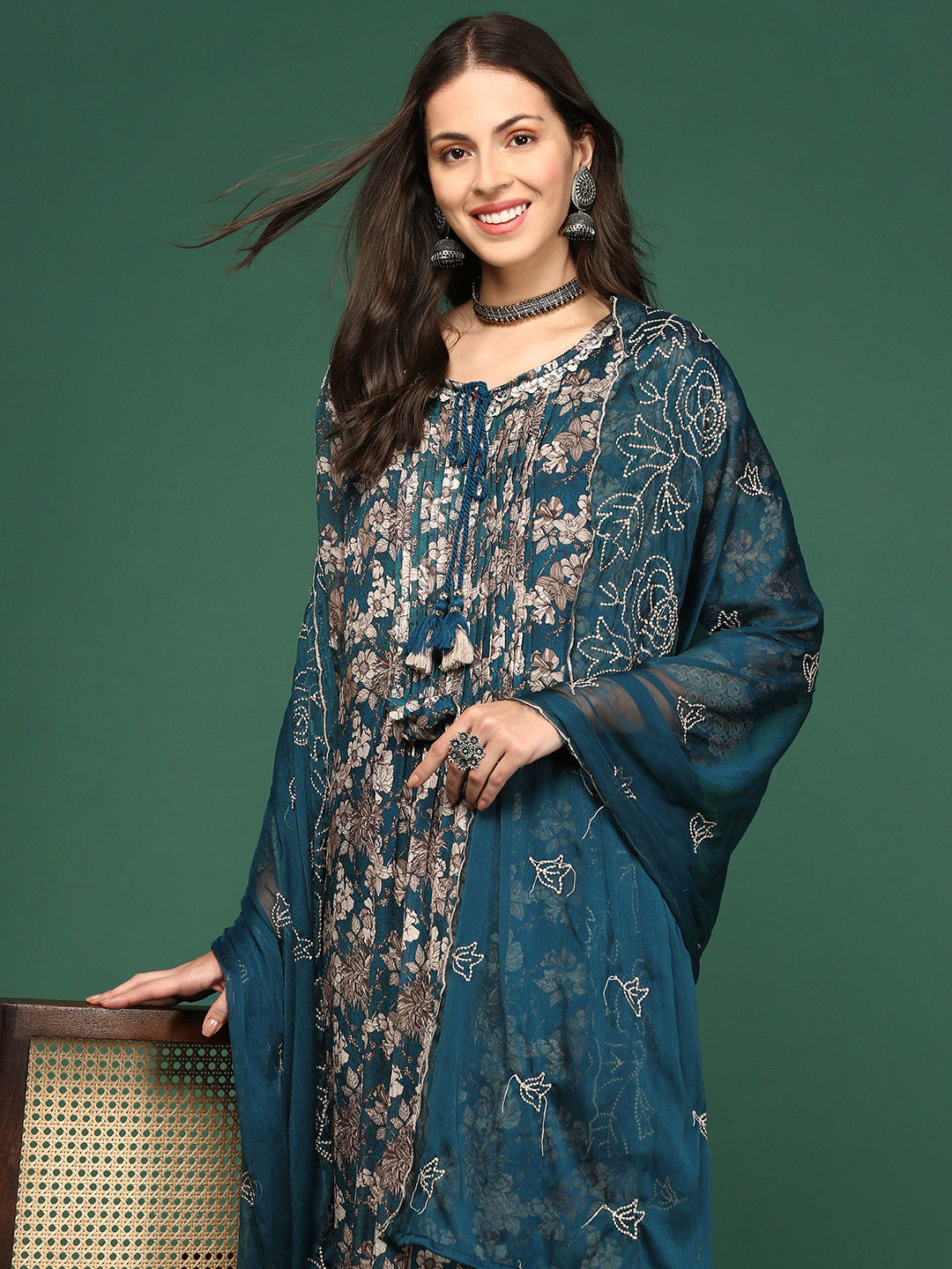 Women Floral Teal A-Line Kurta Set with Dupatta