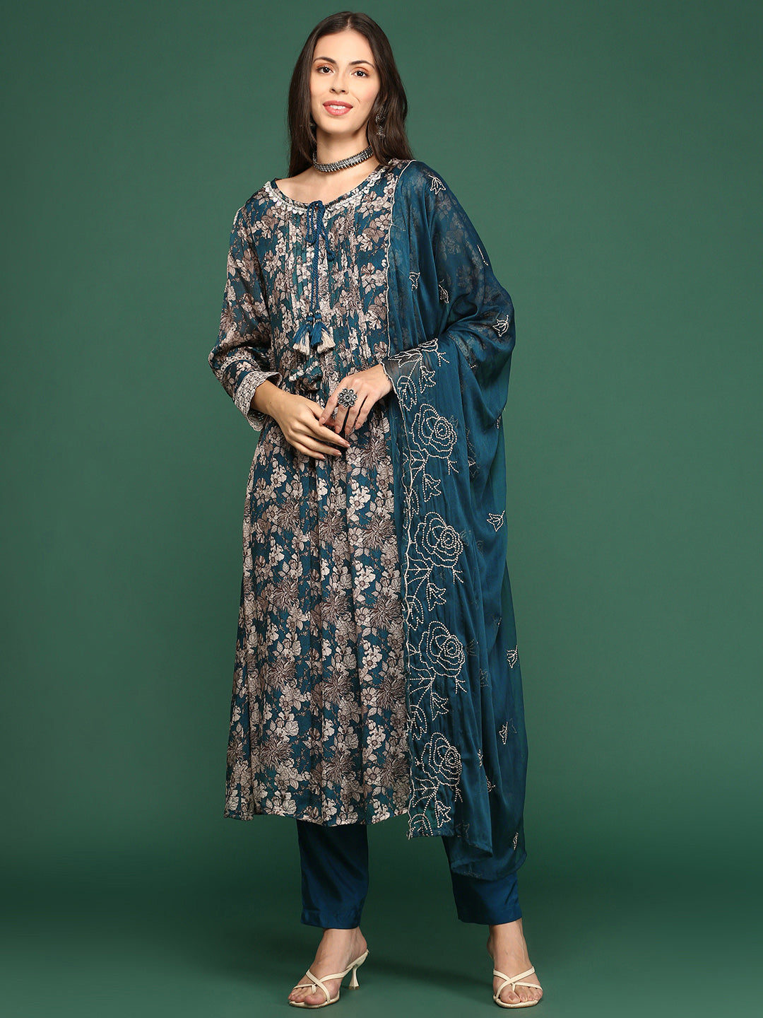 Women Floral Teal A-Line Kurta Set with Dupatta