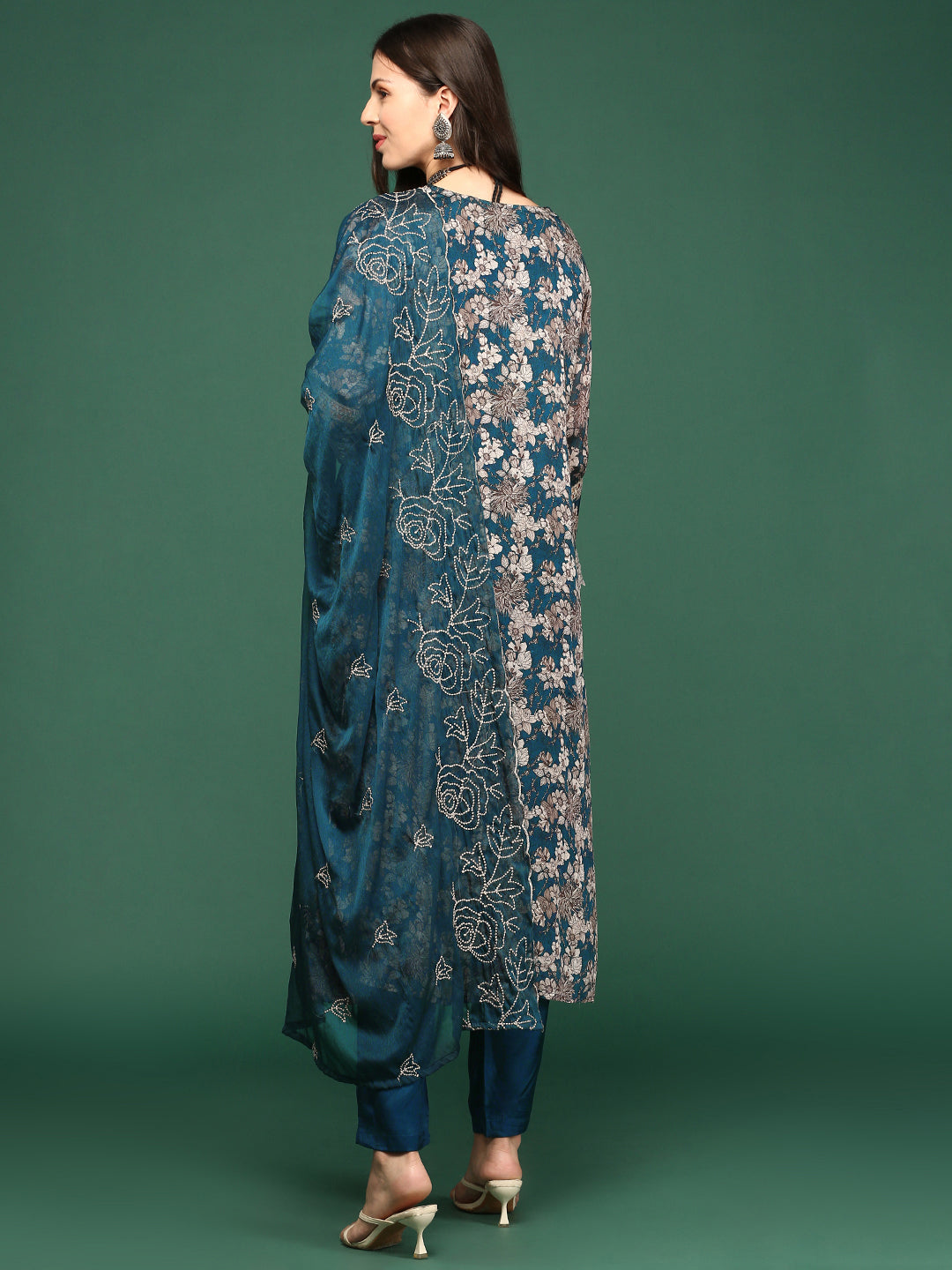 Women Floral Teal A-Line Kurta Set with Dupatta