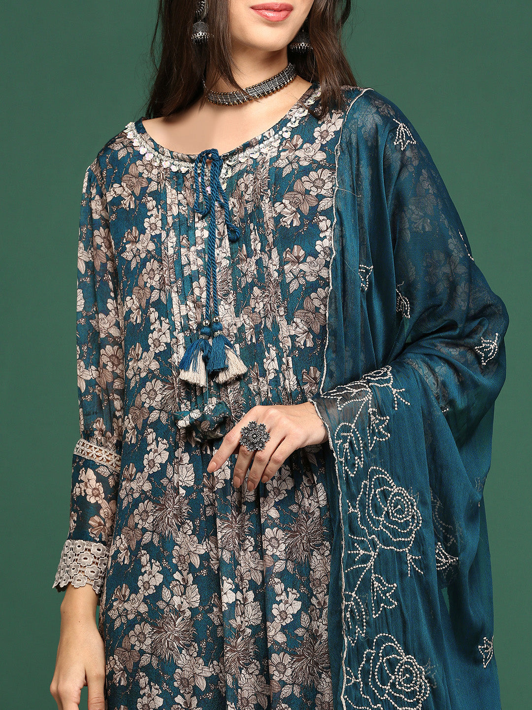 Women Floral Teal A-Line Kurta Set with Dupatta