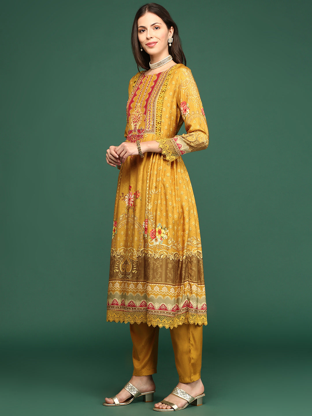 Women Floral Mustard Anarkali Kurta Set with Dupatta