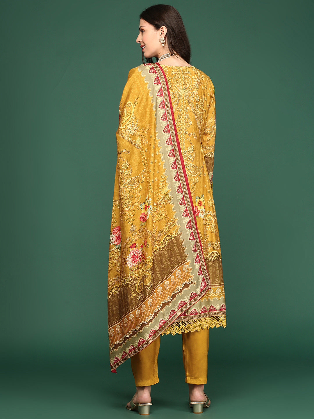 Women Floral Mustard Anarkali Kurta Set with Dupatta