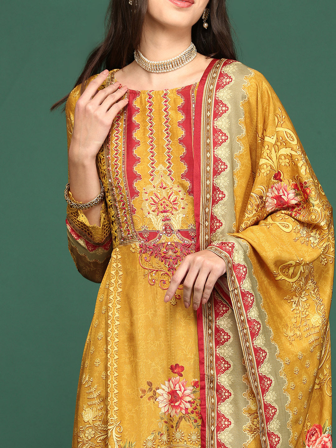 Women Floral Mustard Anarkali Kurta Set with Dupatta