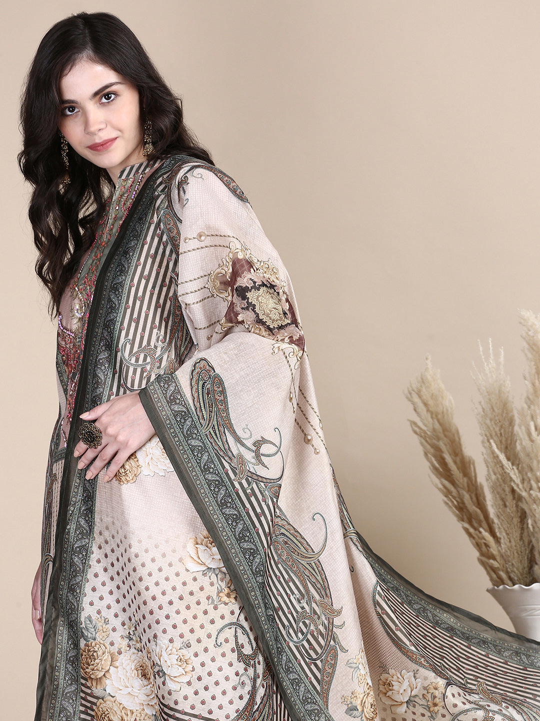 Women Ethnic Motifs Beige Straight Kurta Set with Dupatta