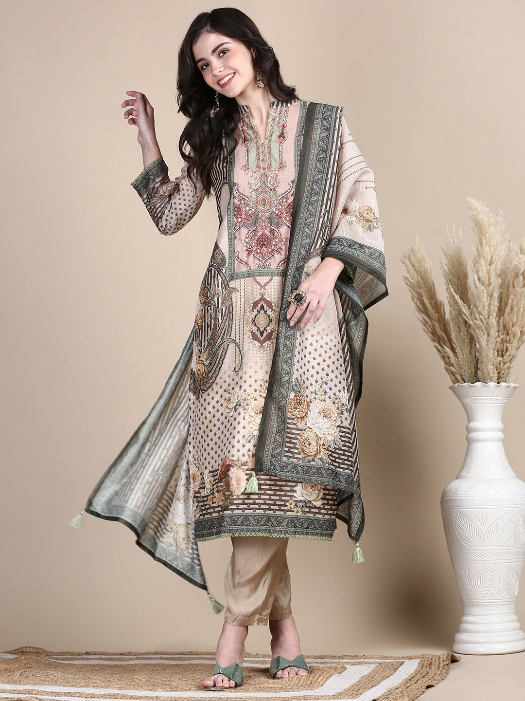 Women Ethnic Motifs Beige Straight Kurta Set with Dupatta