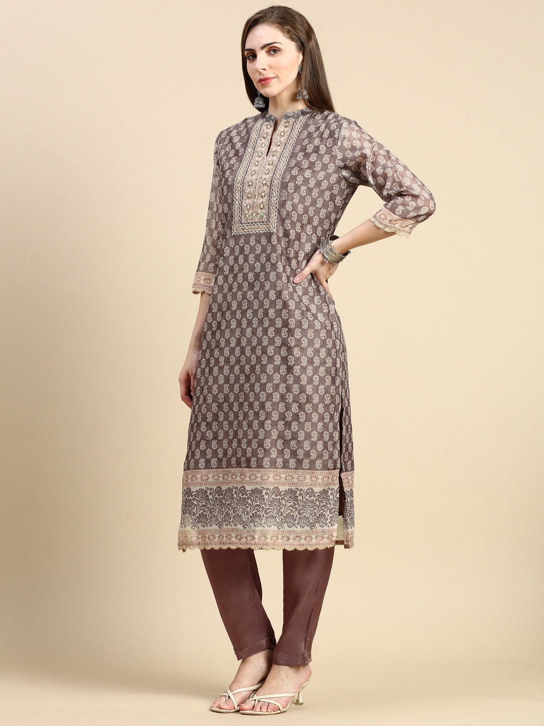 Women Ethnic Motifs Brown Straight Kurta Set with Dupatta