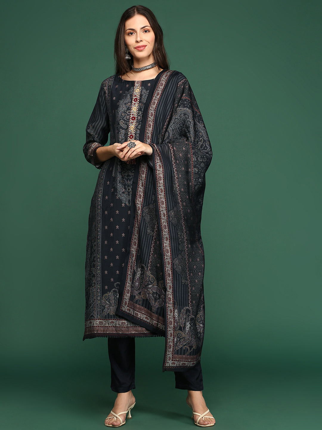 Women Graphic Charcoal Straight Kurta Set with Dupatta