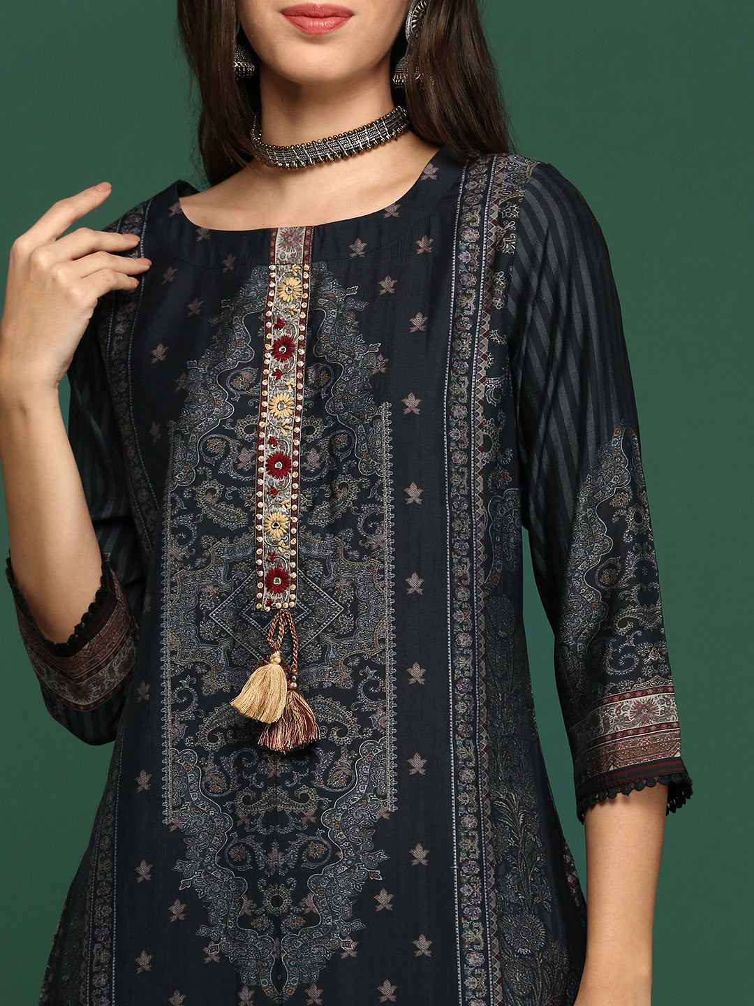 Women Graphic Charcoal Straight Kurta Set with Dupatta