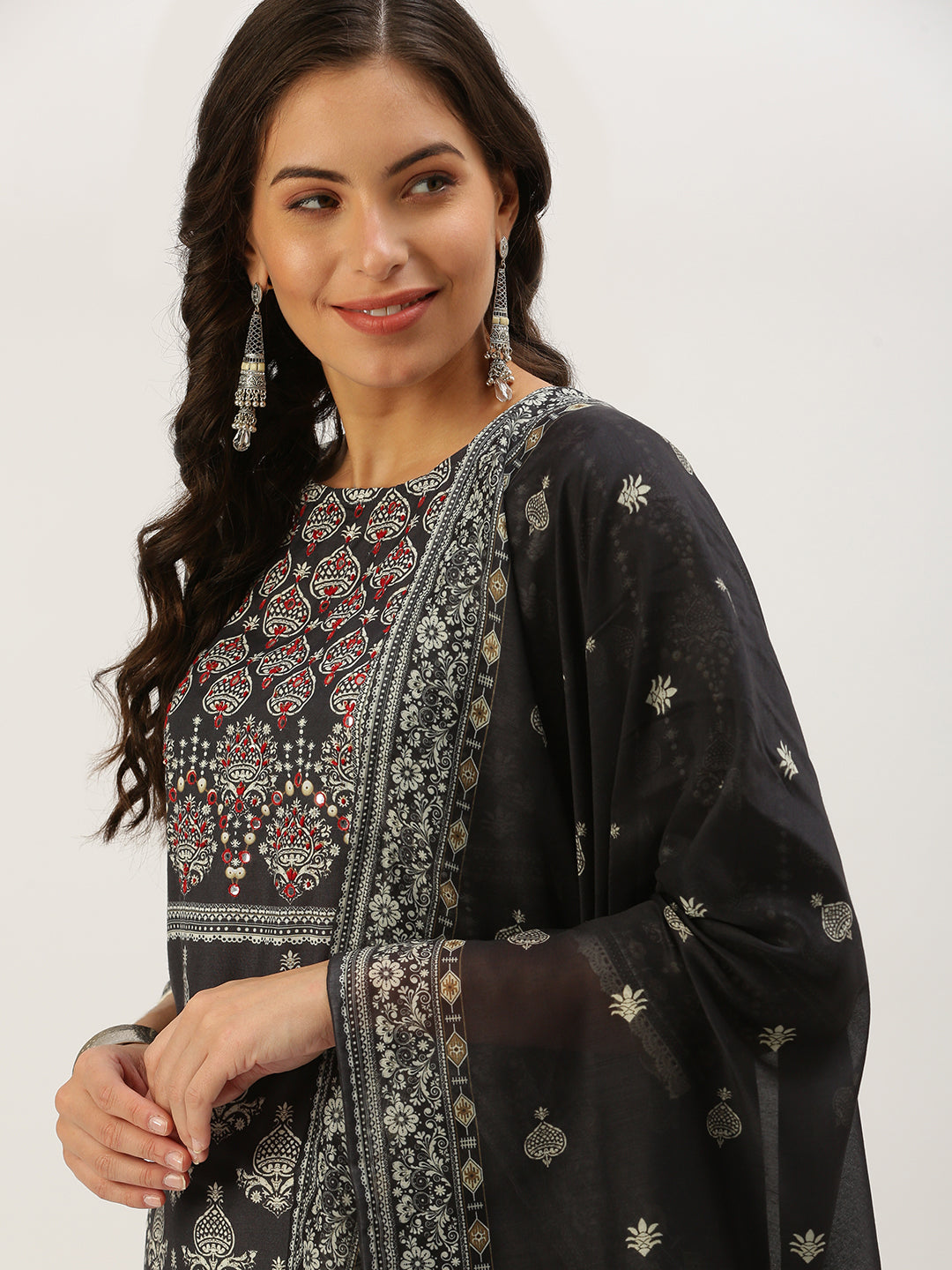 Women Straight Grey Printed Kurta and Trousers