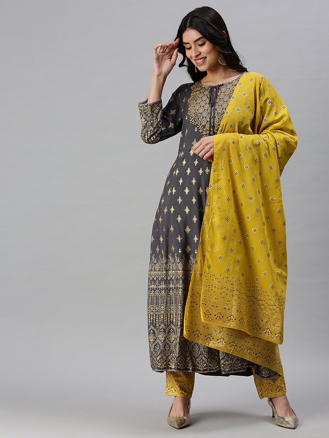 Women Graphic Grey A-Line Kurta Set with Dupatta