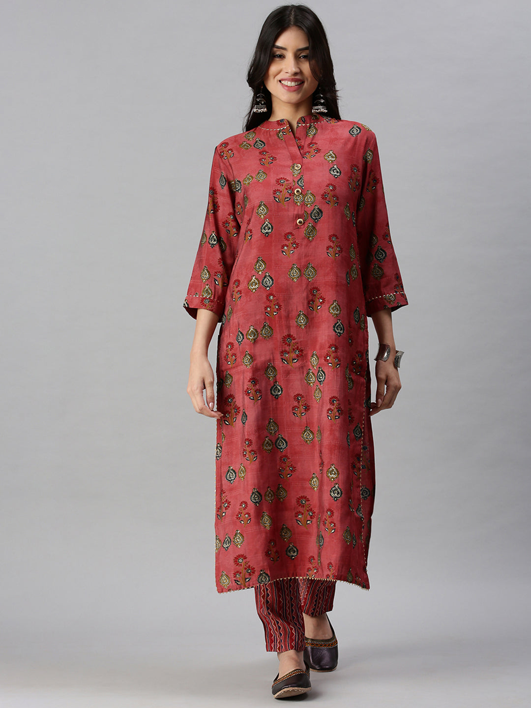 Women Straight Magenta Printed Kurta and Trousers