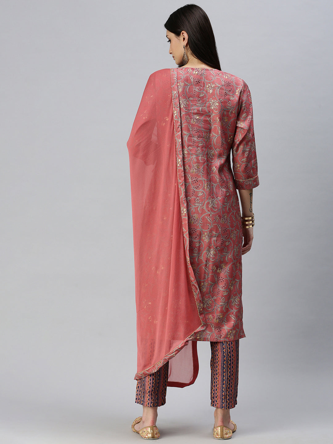 Women Straight Peach Printed Kurta and Trousers Comes with Dupatta