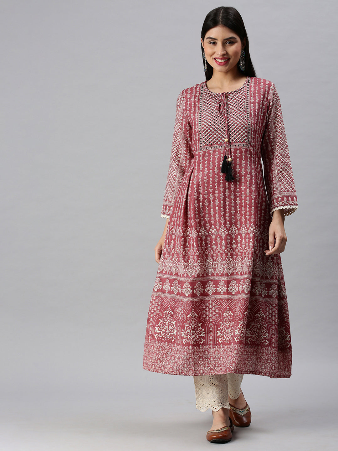 Women Anarkali Pink Printed Kurta and Trousers